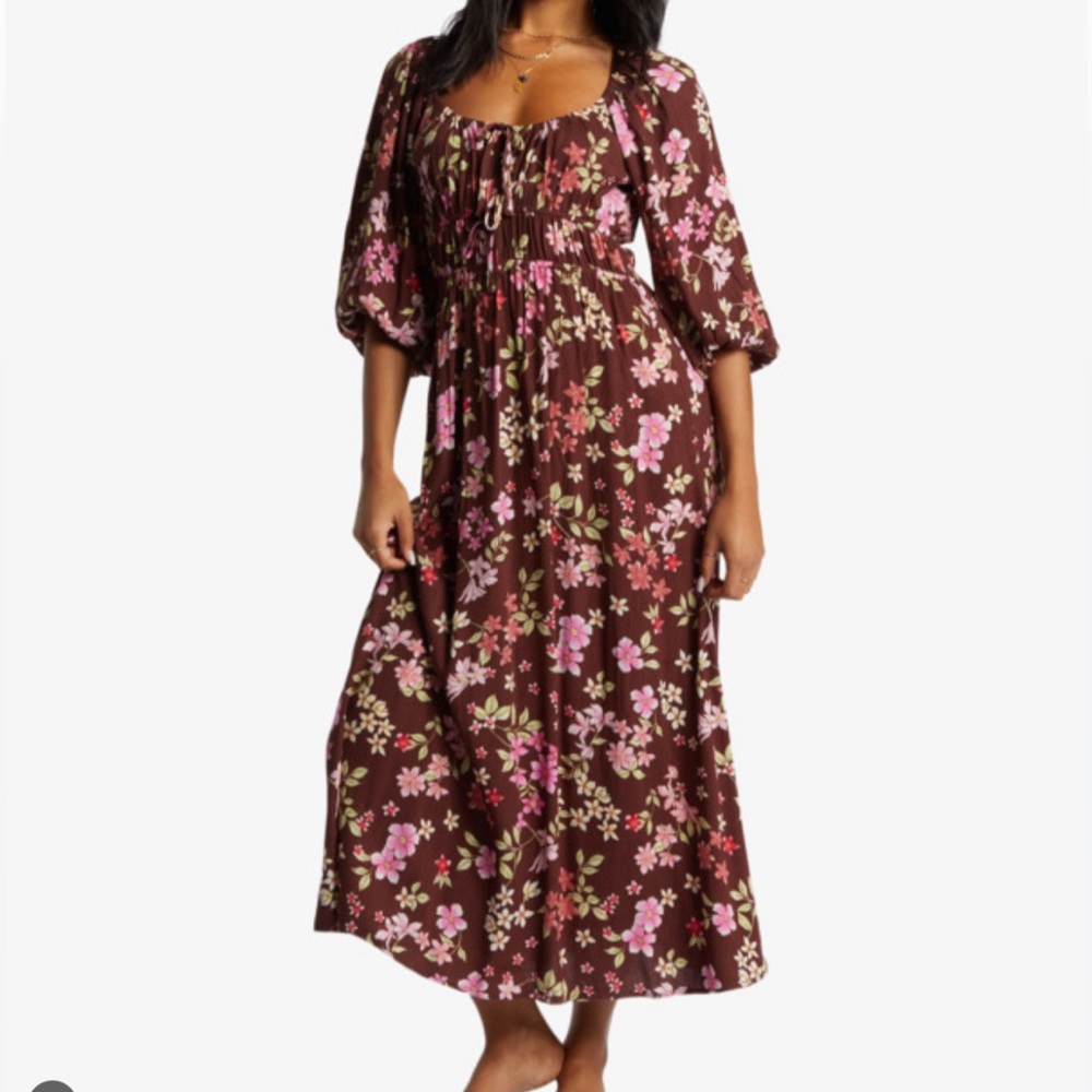 Billabong Rosie skyes Pink and Brown Smocked Midi Sundress with Bishop Sleeves